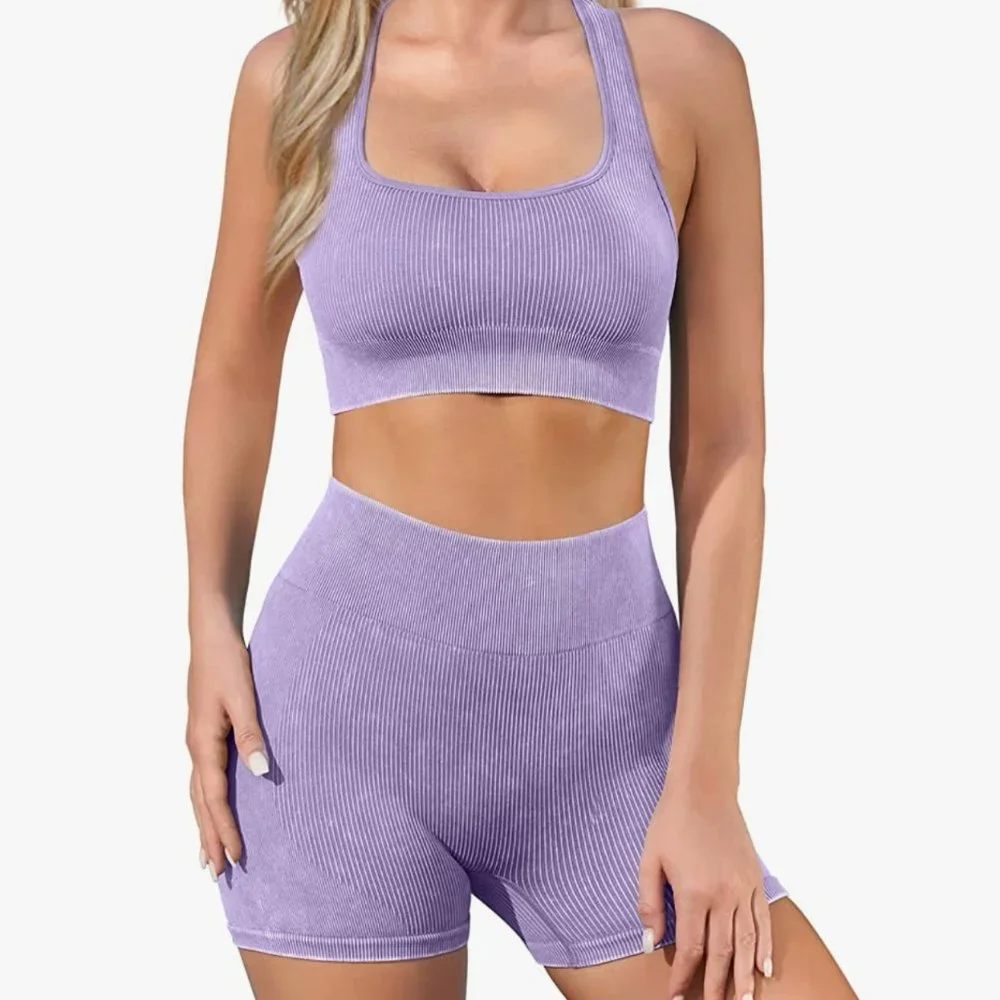 Purple Ribbed Workout 2 Piece Set - Picture 1 of 7